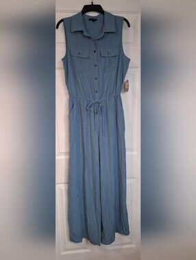 BeBop Button-Front Drawstring Jumpsuit Dusty Blue Comfy One Piece Casual Large